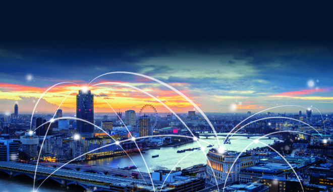 Aerial skyline of central London with famous landmarks, River Thames, skyscrapers and Blackfriars Bridge at sunset - London, UK