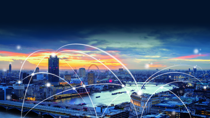 Aerial skyline of central London with famous landmarks, River Thames, skyscrapers and Blackfriars Bridge at sunset - London, UK