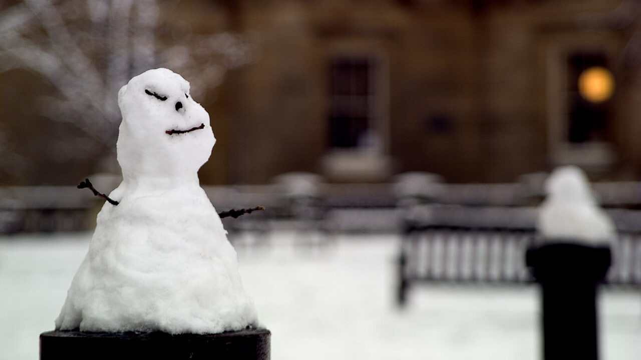 Snowman in UCL front quad - © UCL Media Services - University College London